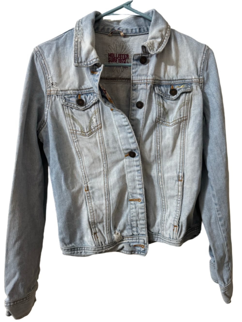 Hollister Surf 1972 Women’s L Light Wash Distressed Cropped Denim Jean Jacket Y2